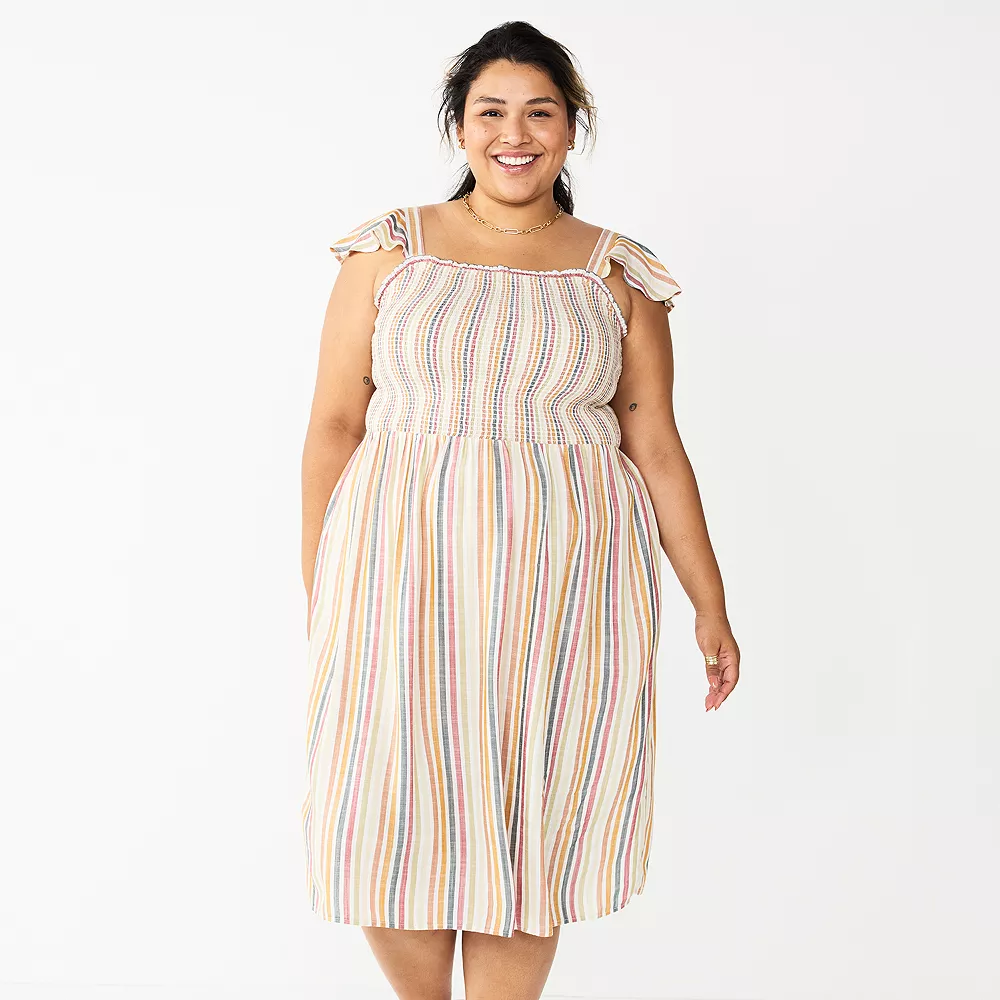 Plus Size Sonoma Goods For Life® Smocked Bodice Midi Dress Plus Size Sonoma Goods For Life® Smocked Bodice Midi Dress -Sonoma Goods For Life Shop 5584078 Tan Multi Stripe