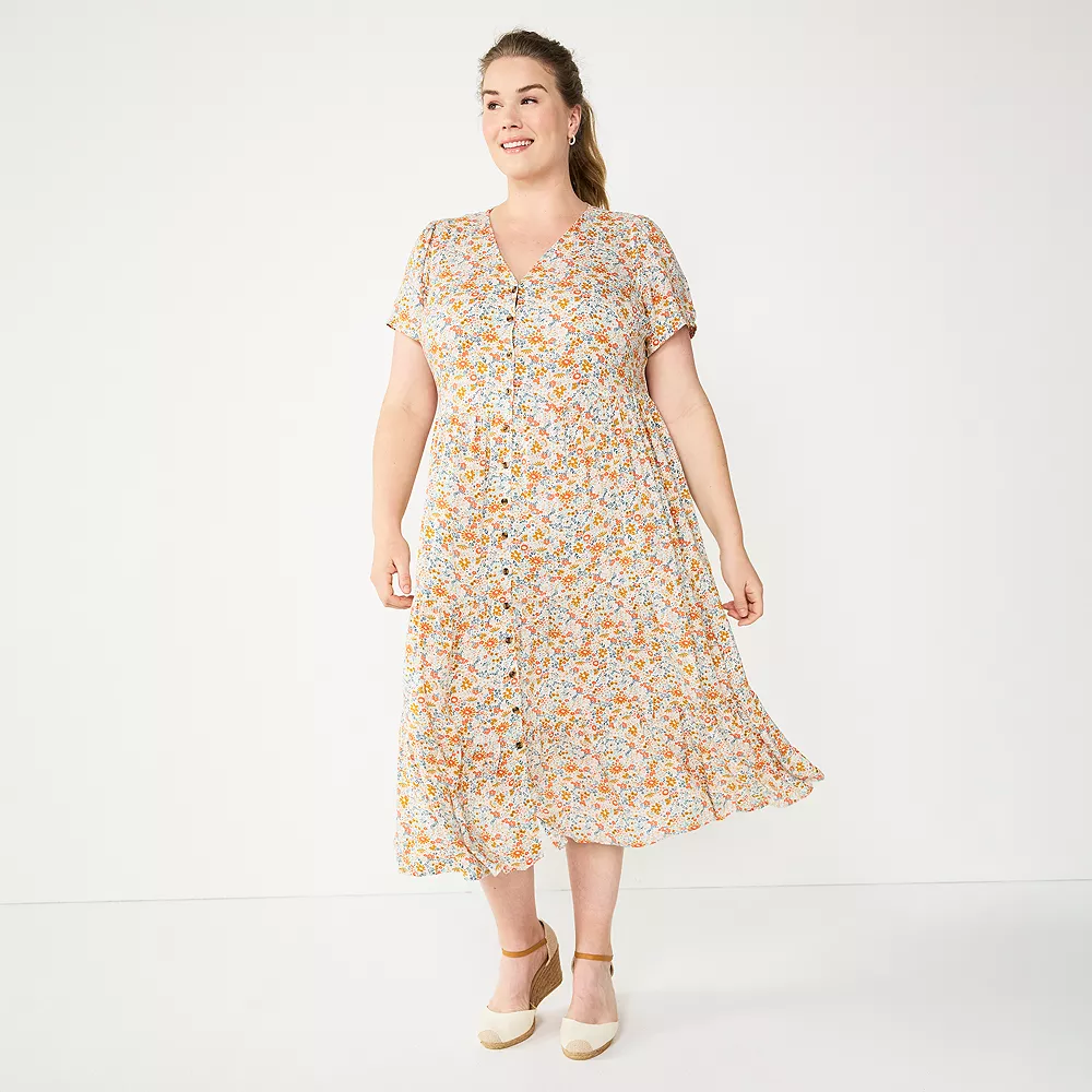 Plus Size Sonoma Goods For Life® Button Front Tiered Midi Dress Plus Size Sonoma Goods For Life® Button Front Tiered Midi Dress -Sonoma Goods For Life Shop 5927443 Pink Floral