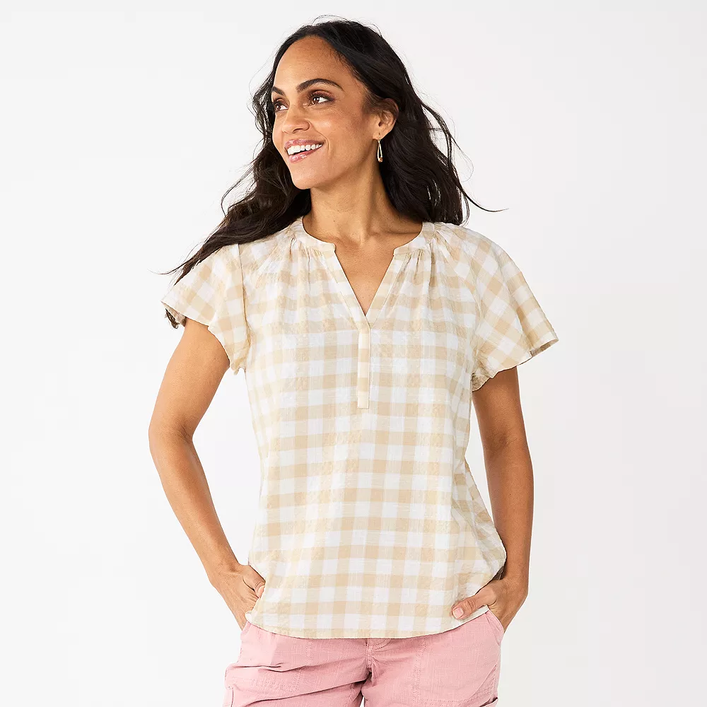 Women's Sonoma Goods For Life® Flutter Sleeve Y Neck Top Women's Sonoma Goods For Life® Flutter Sleeve Y Neck Top -Sonoma Goods For Life Shop 5931514 Ecru Gingham